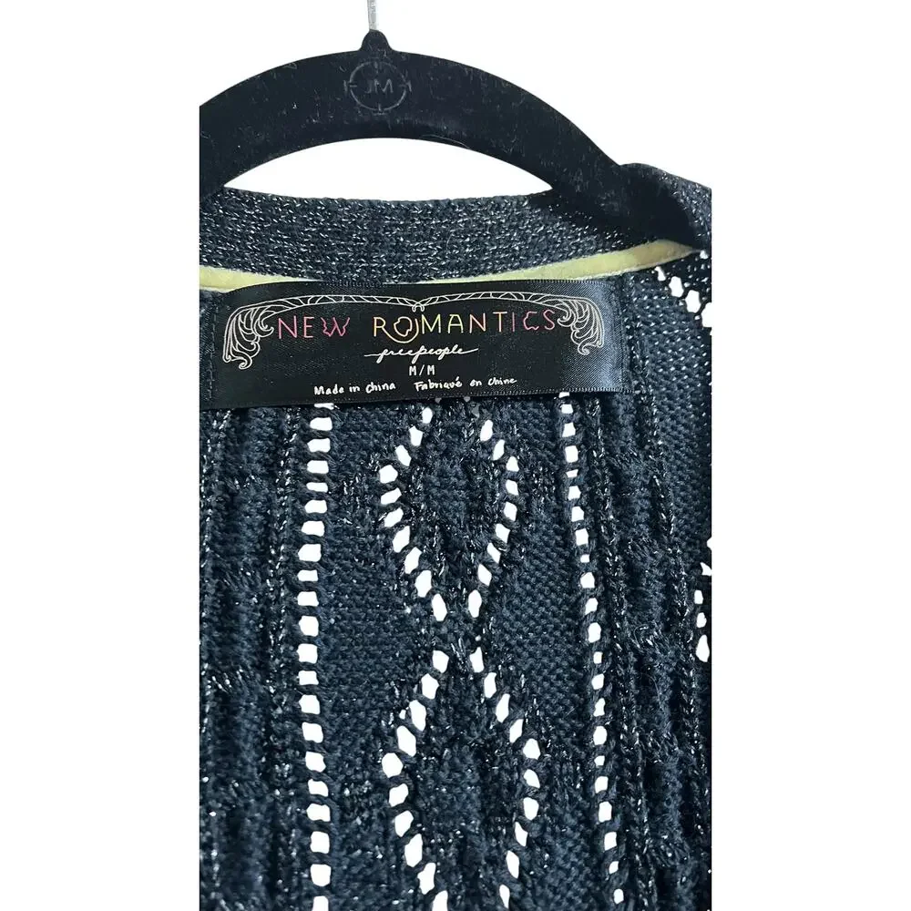 Whimsigoth Free People New Romantics Black Metallic Bang Bang Long Cardigan Sz M